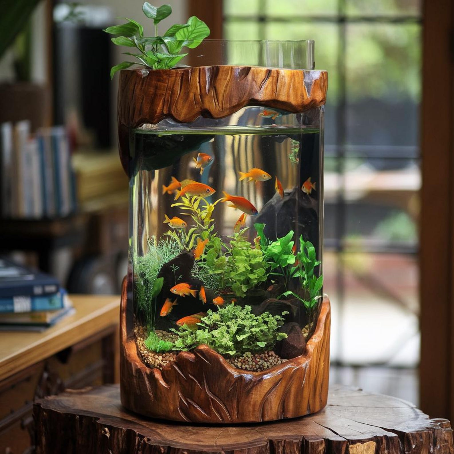 Rustic natural wood aquarium stand for home or office decor