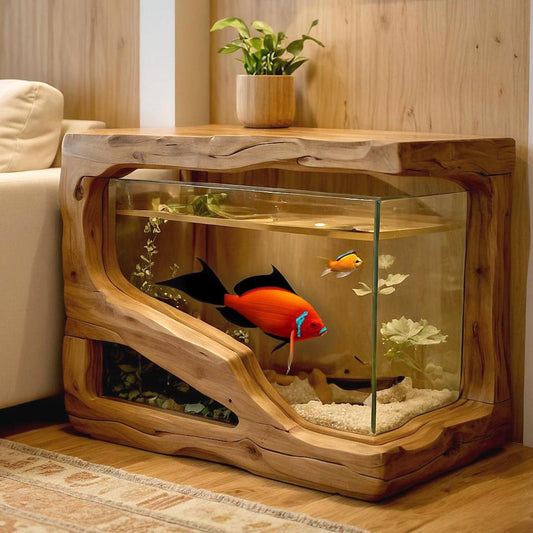Rustic solid wood aquarium stand used as side table