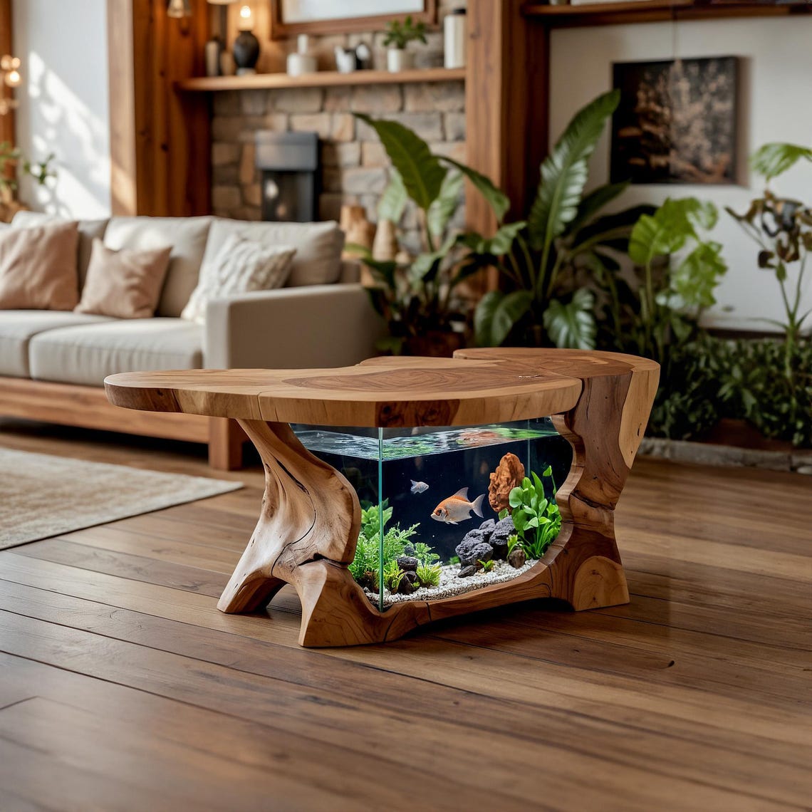 Rustic wooden coffee table with built-in aquarium for living room-1
