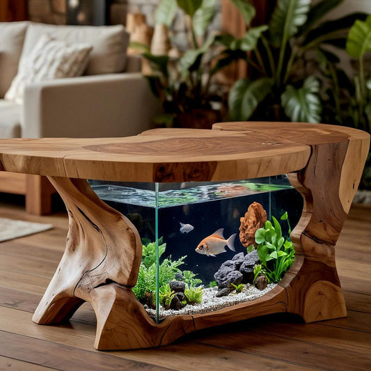 Rustic wooden coffee table with built-in aquarium for living room